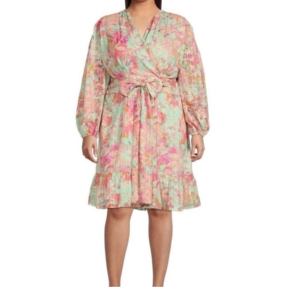 Alex Marie Floral Wrap Mini Dress in Mint and Pink